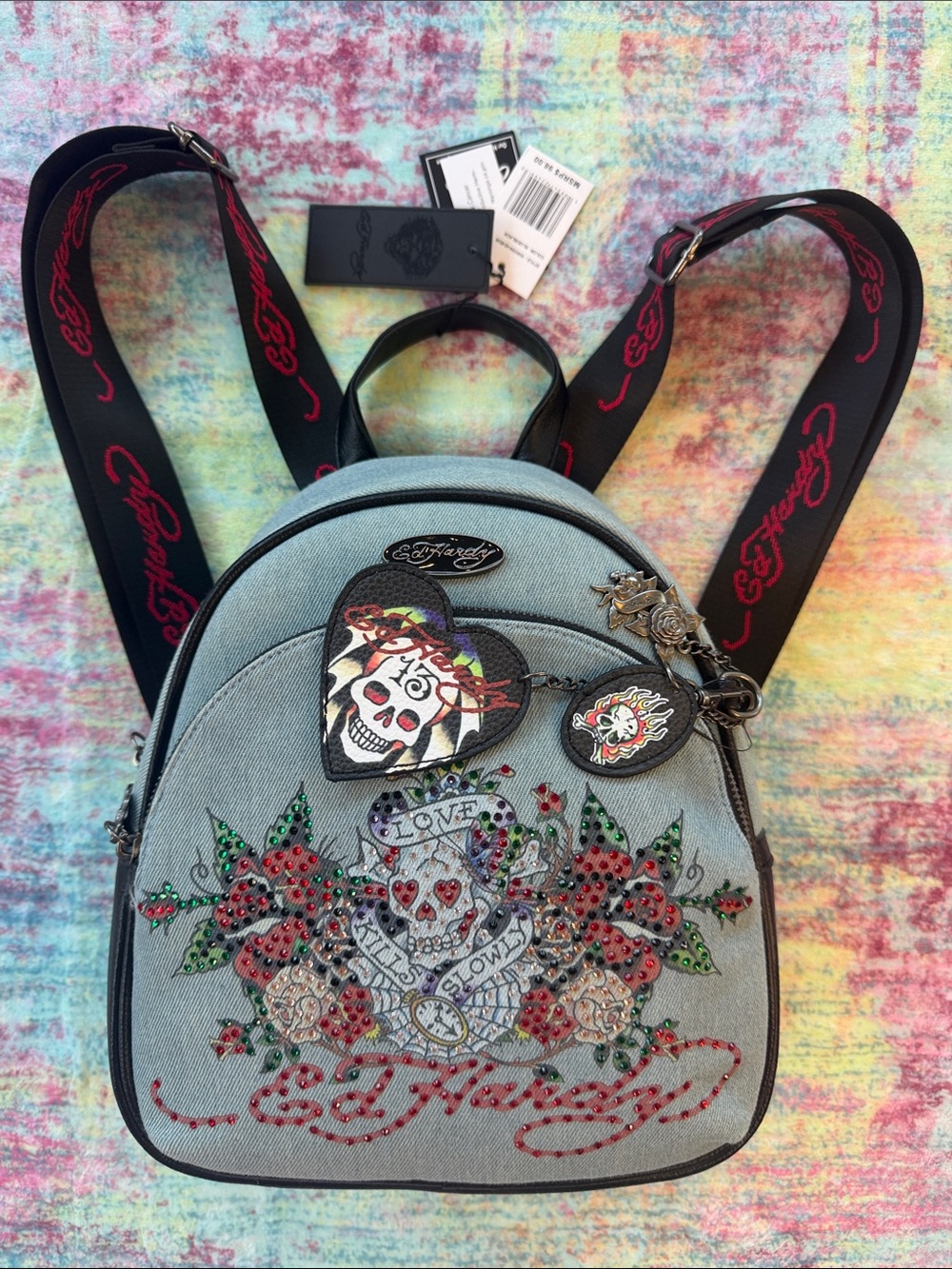 Ed Hardy Light Blue Embroidered Floral & Skull Mini Backpack